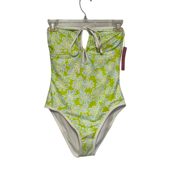 Ninety-Nine Floral One-Piece Swimsuit Halter Neck Green & White Juniors Small - Picture 2 of 10